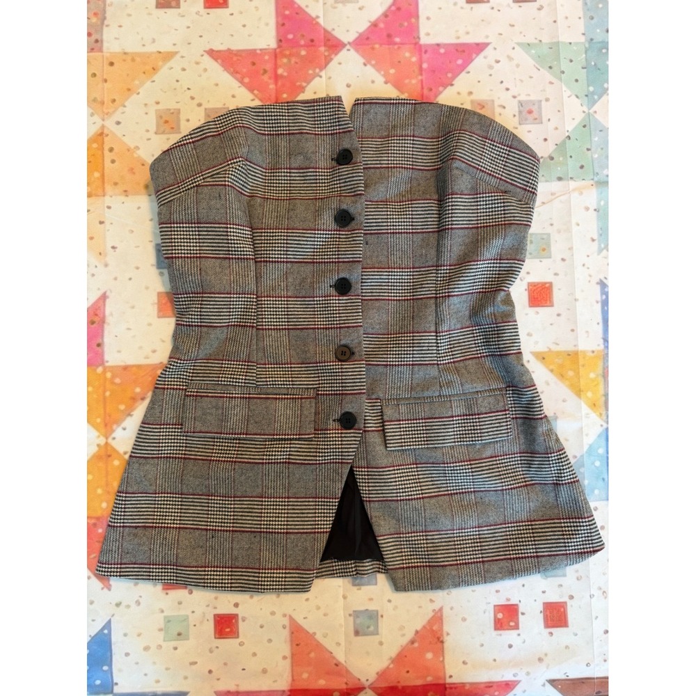 FORE Strapless Plaid Corset Top Grey Red Glen Check Button Front Tube Top Medium